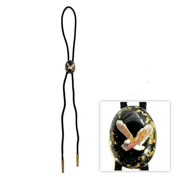 Bolo Tie Flying Bald Eagle Gold Leaf on Black Background Western Necklace - Picture 1 of 9